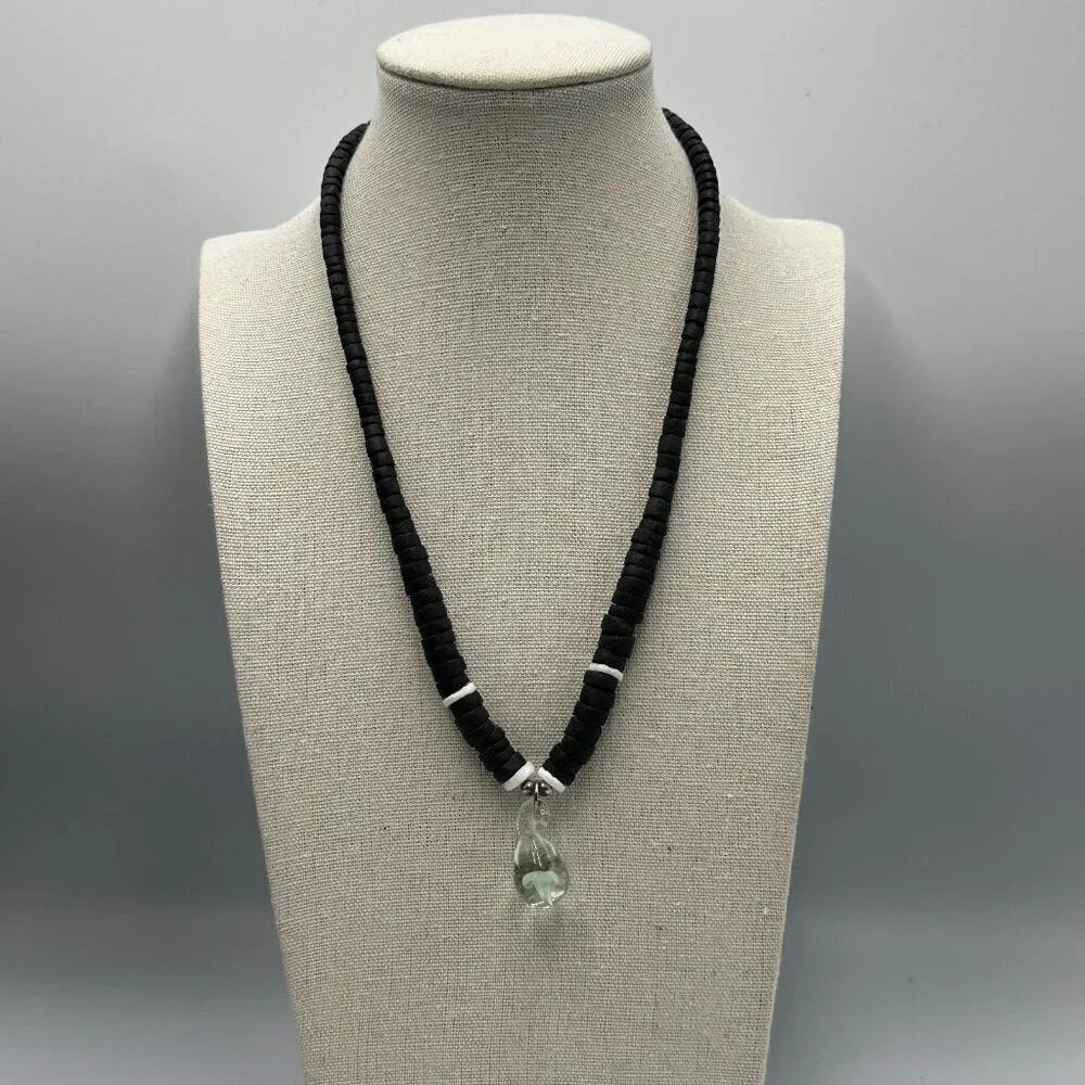 Black Beaded Necklace Glass Mushroom Pendant Mens Surfer Style 18 Inch